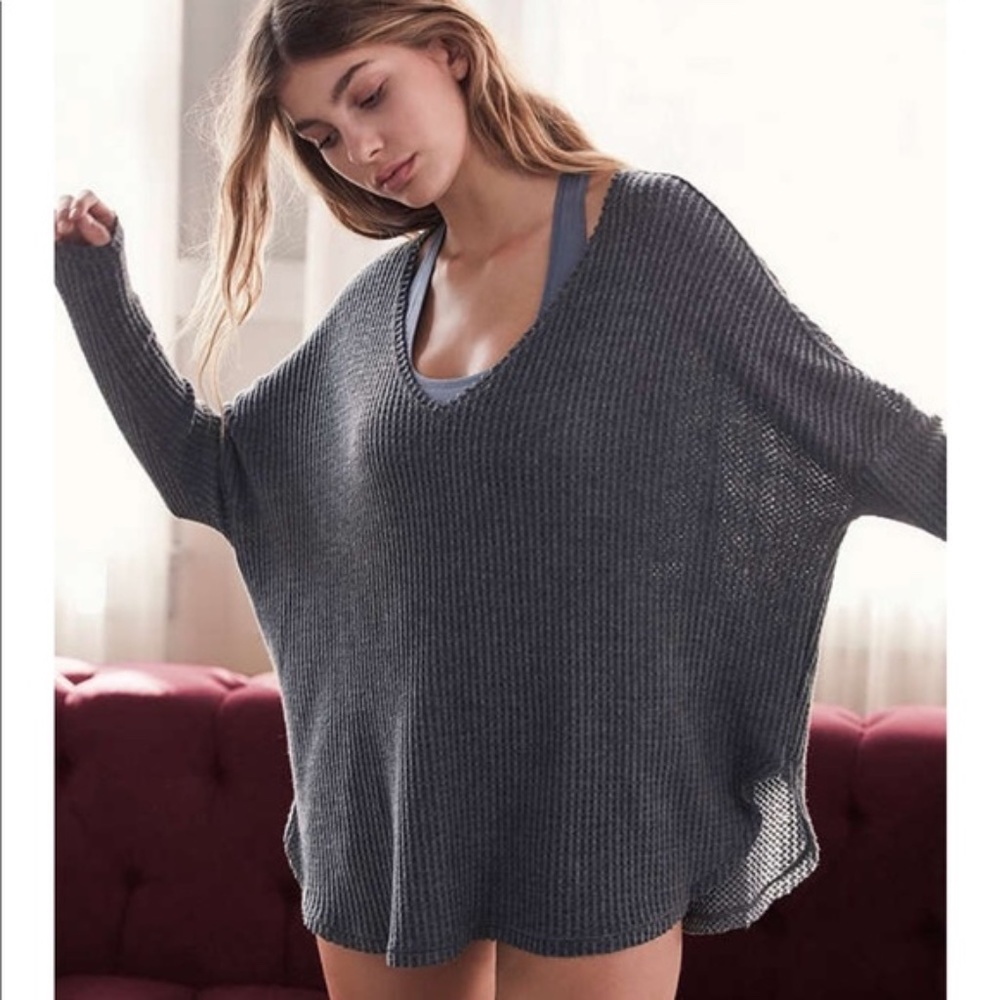 Out From Under Urban Outfitters Gray Farrah Oversized Thermal V-neck Top